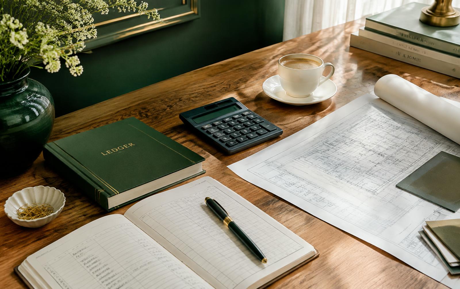 Ledger, calculator and blueprints on a desk